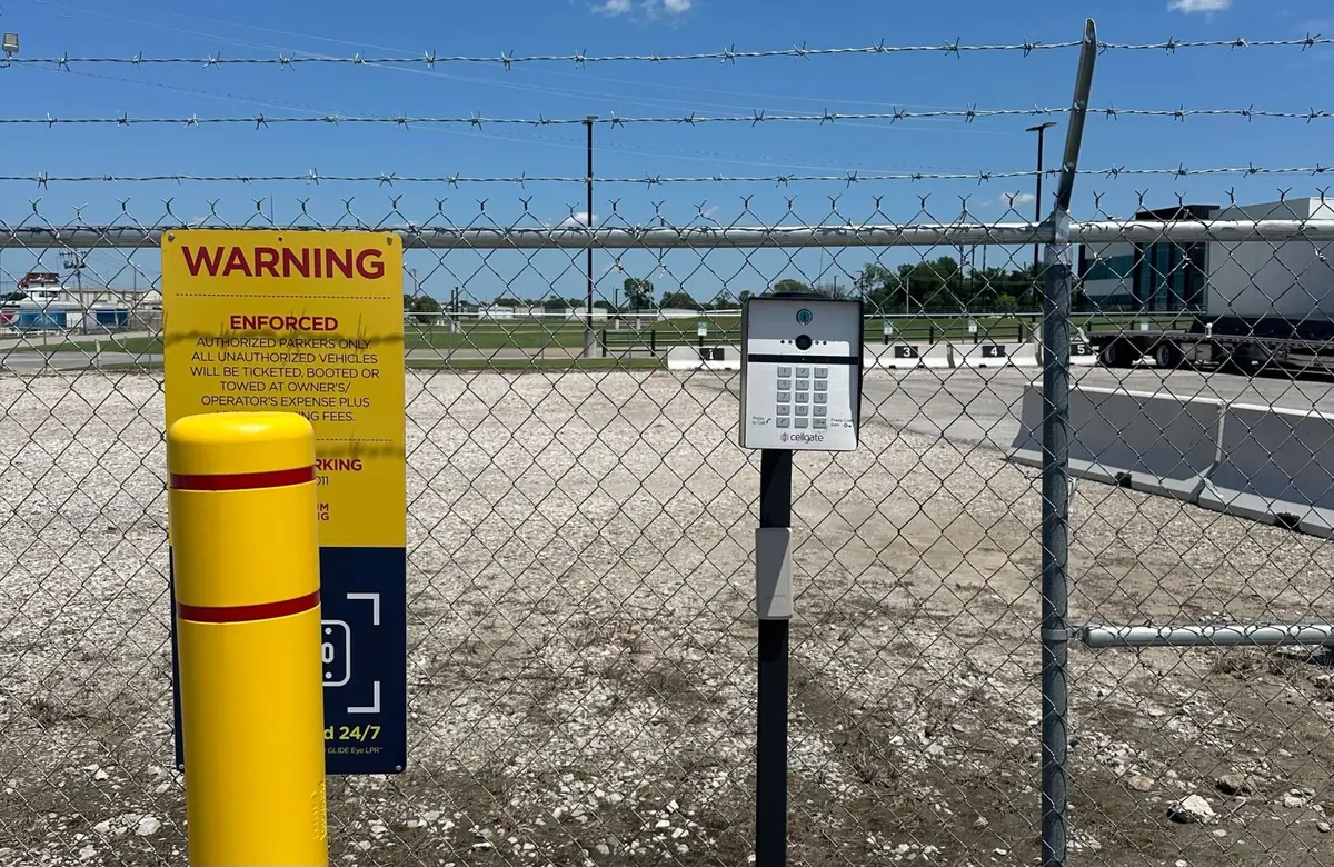 Semi trucks in numbered Tulsa truck parking spaces